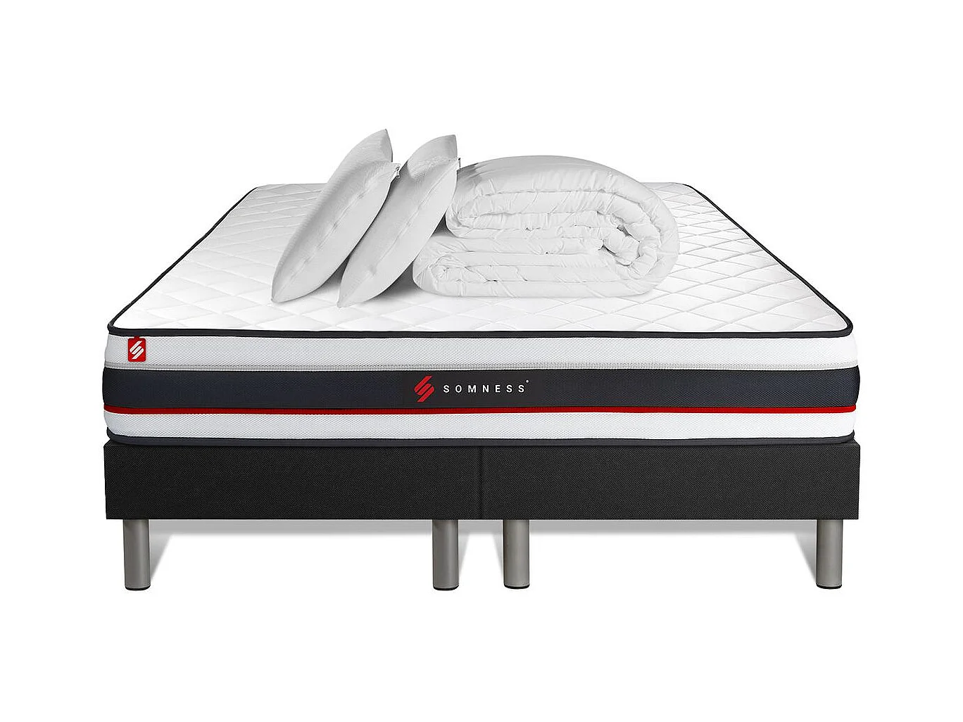 Pack double sommier 100x200 + matelas FORM 200x200 + 2 oreillers mémoire de forme + Couette Percale