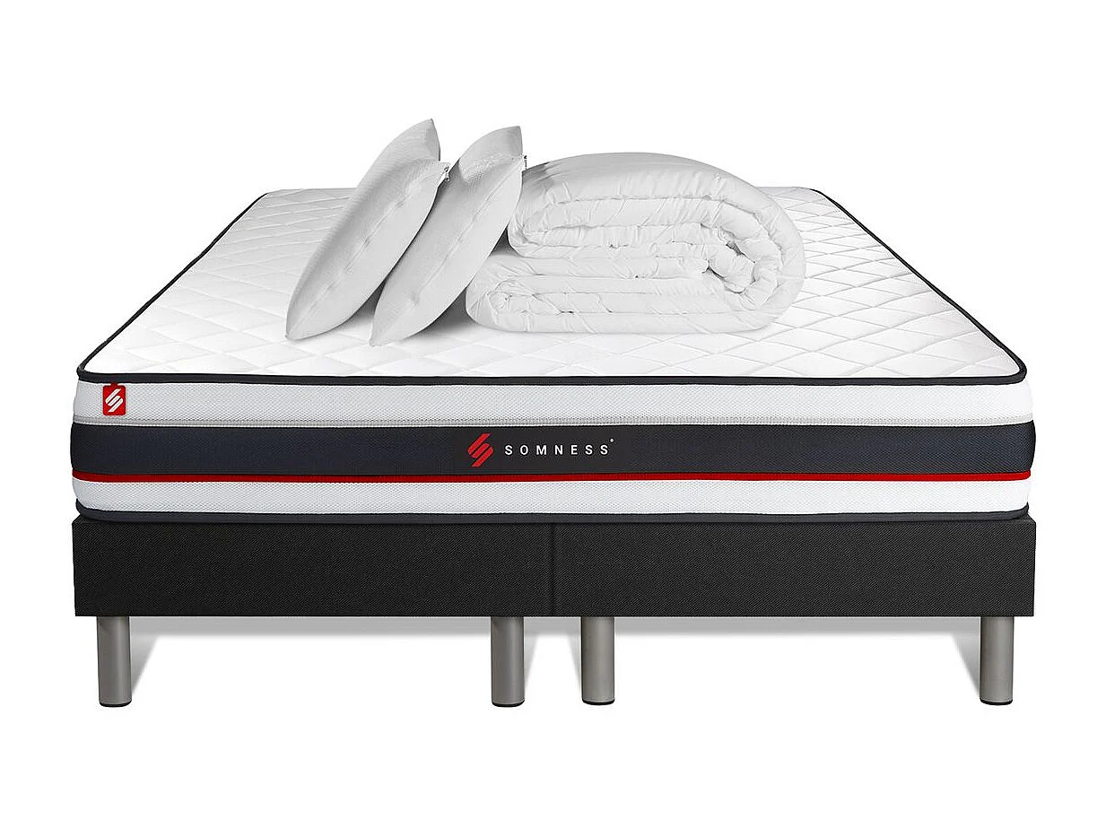 Pack double sommier 100x200 + matelas FORM 200x200 + 2 oreillers mémoire de forme + Couette Percale