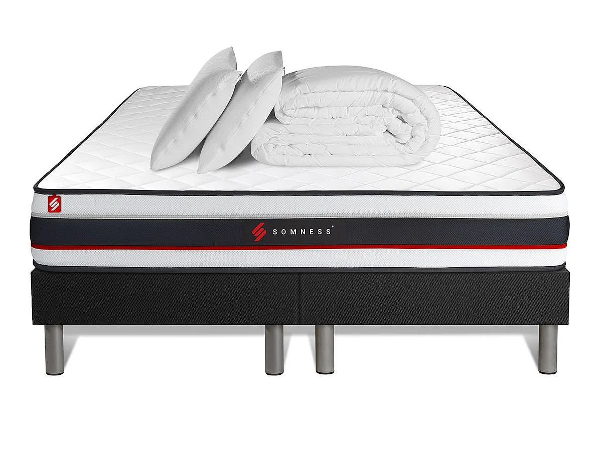 Pack double sommier 100x200 + matelas FORM 200x200 + 2 oreillers mémoire de forme + Couette Percale