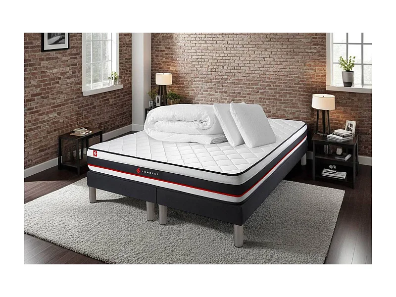 Pack double sommier 100x200 + matelas FORM 200x200 + 2 oreillers mémoire de forme + Couette Percale