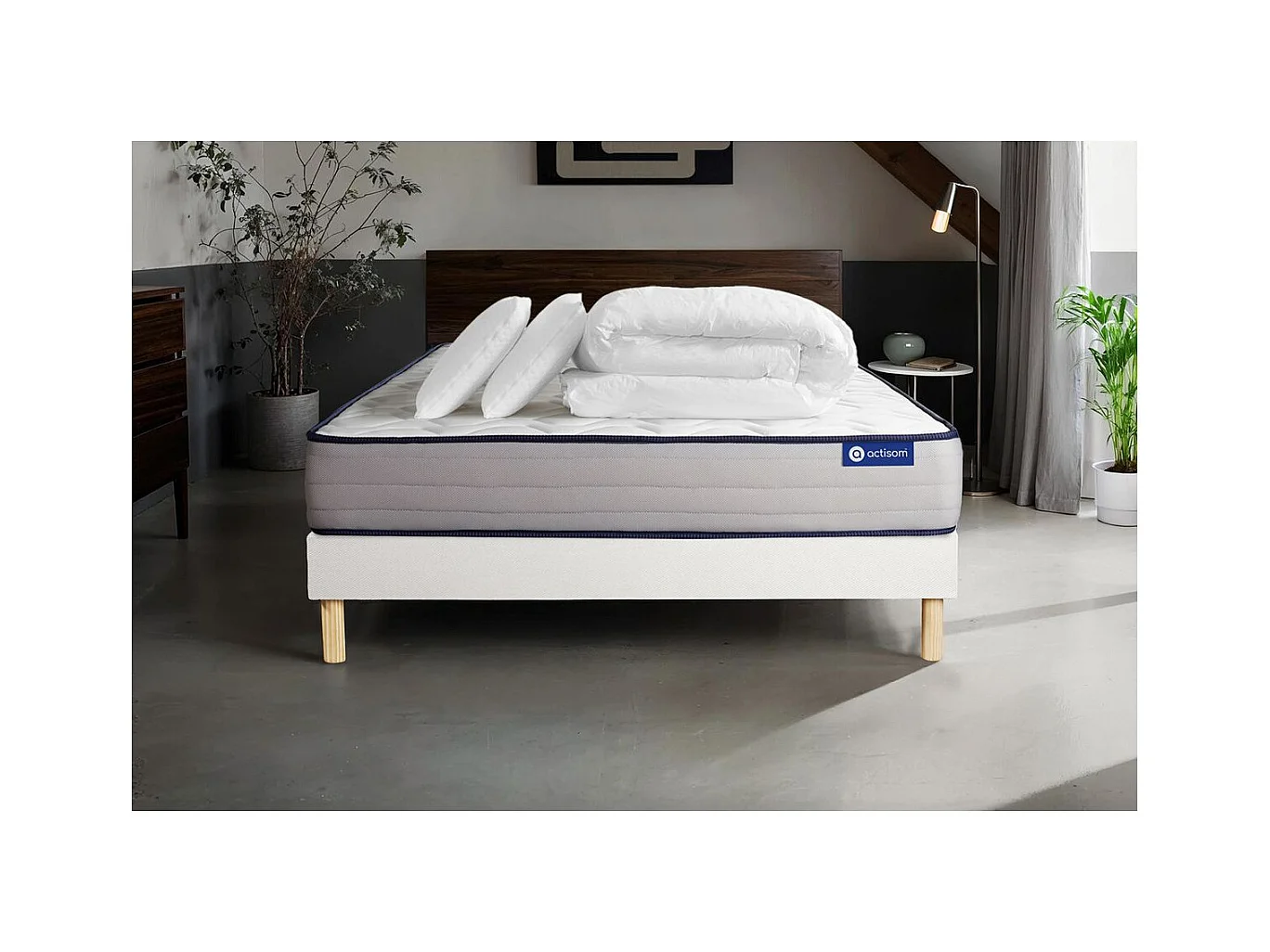 Pack prêt à dormir matelas Latex et Mémoire de forme ACTILATEX FORM 200x200 cm + sommier KIT blanc + 2 oreillers + couette