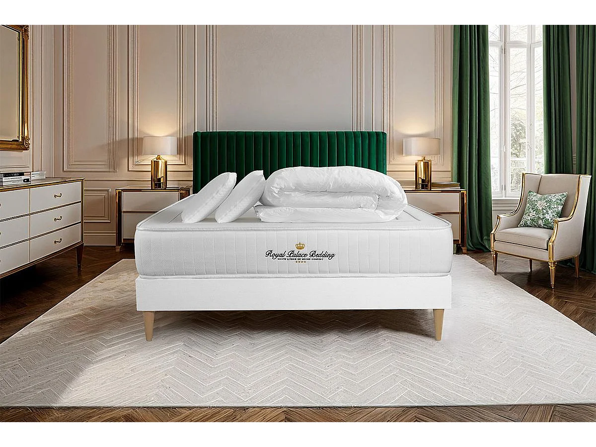 Pack prêt à dormir 160x200 matelas LANCASTER ressorts ensachés et mémoire de forme + sommier kit blanc + Couette + 2 oreillers