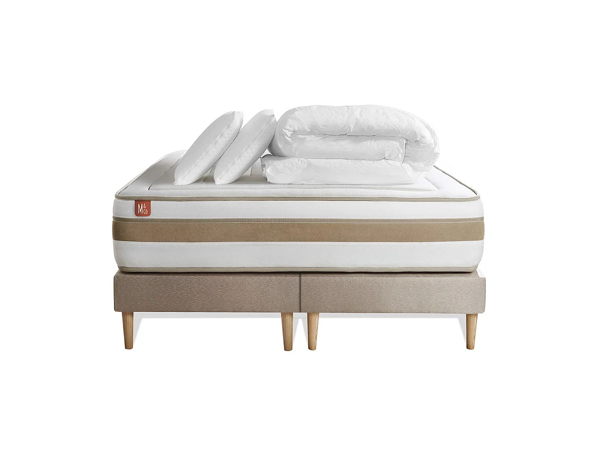 Pack prêt à dormir matelas LE RAFFINÉ 200x200cm Ressorts ensachés + Mémoire de forme BioVisco + double sommiers Beige
