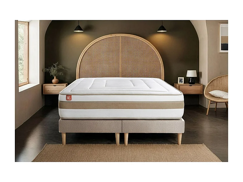 Pack prêt à dormir matelas LE RAFFINÉ 200x200cm Ressorts ensachés + Mémoire de forme BioVisco + double sommiers Beige
