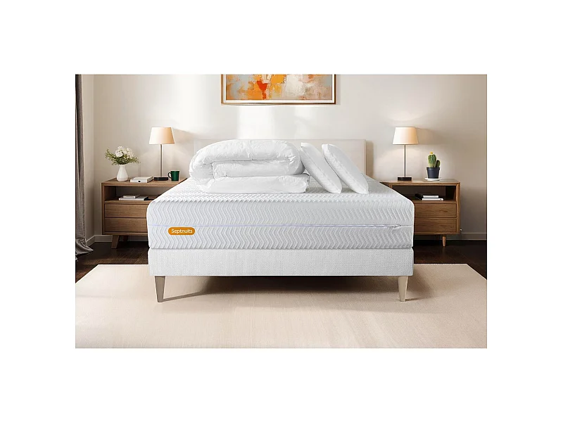 PACK Matelas + sommier 160x200 Memo Bio  Mousse à mémoire de forme 5 zones de confort Maxi épaisseur + Couette + 2 oreillers