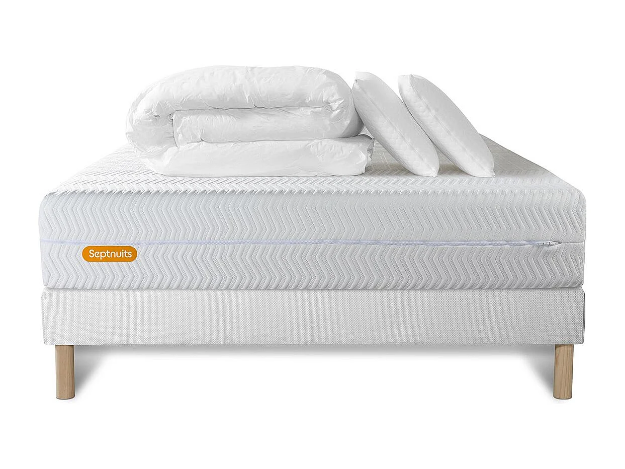 PACK Matelas + sommier 160x200 Memo Bio  Mousse à mémoire de forme 5 zones de confort Maxi épaisseur + Couette + 2 oreillers