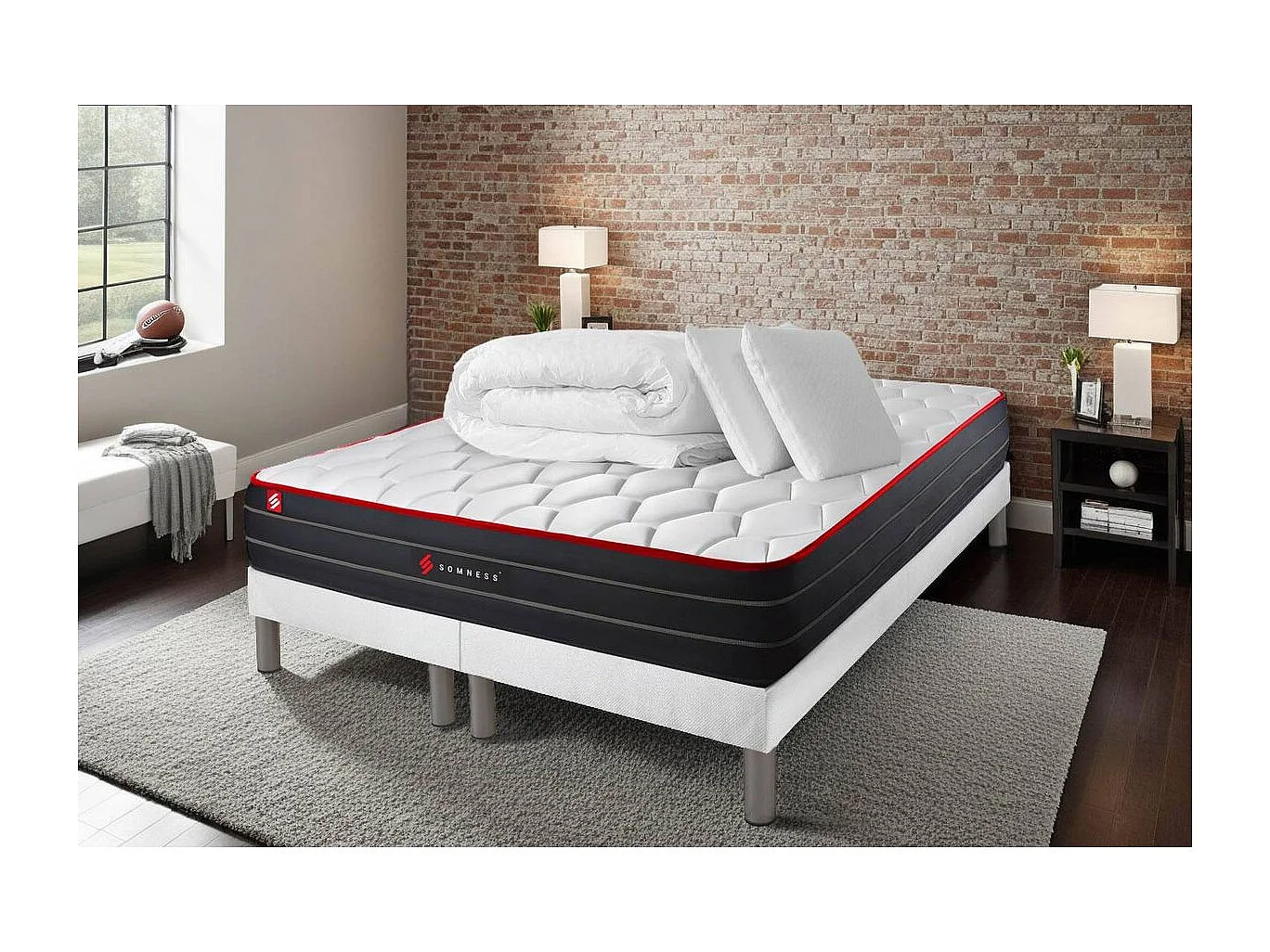 Pack matelas BOOST 180x200 + double sommiers blanc 90x200 + Couette + 2 oreillers