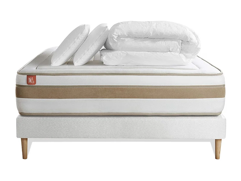 Pack prêt à dormir matelas LE RAFFINÉ 140x200cm Ressorts ensachés + Mémoire de forme BioVisco + sommier kit Blanc