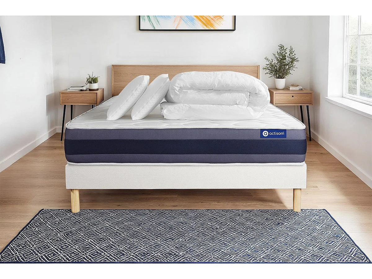 Pacchetto letto completo - Materasso 140x190cm + Box spring con doghe (in kit) + 2 cuscini + Piumino - Actimemo Morpho
