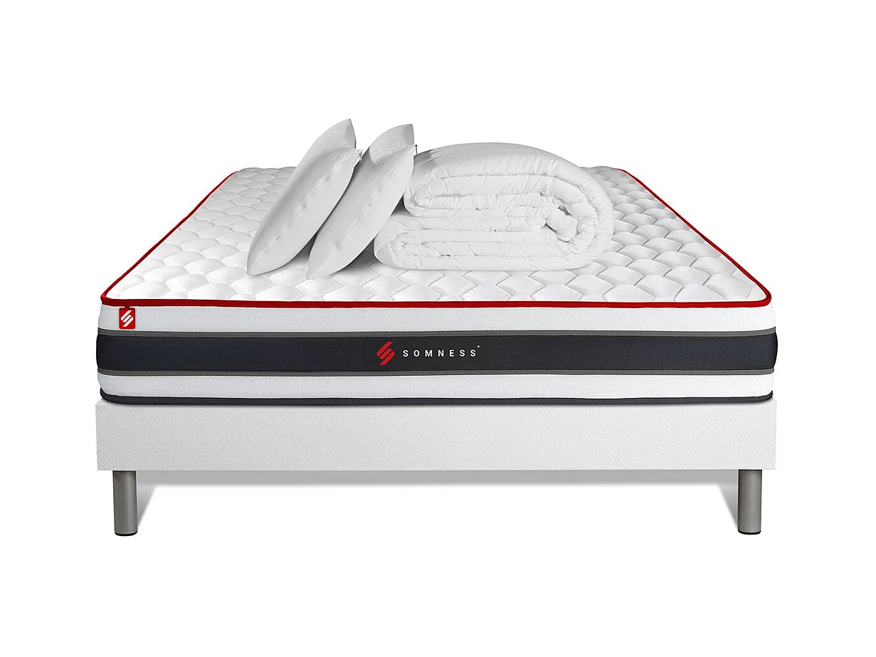 Pack matelas ENERGY 140x190 + sommier blanc + Couette + 2 oreillers
