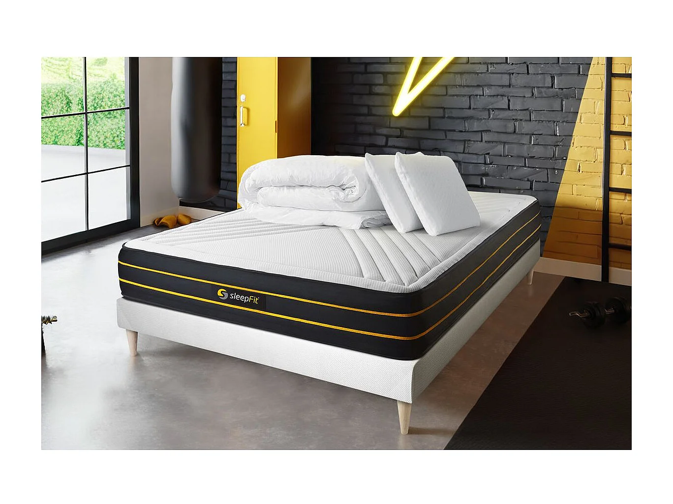 Pack prêt à dormir 140x190 matelas ULTRA + sommier kit blanc + 2 oreillers mémoire de forme 60x40cm + Couette Percale 240x220 cm