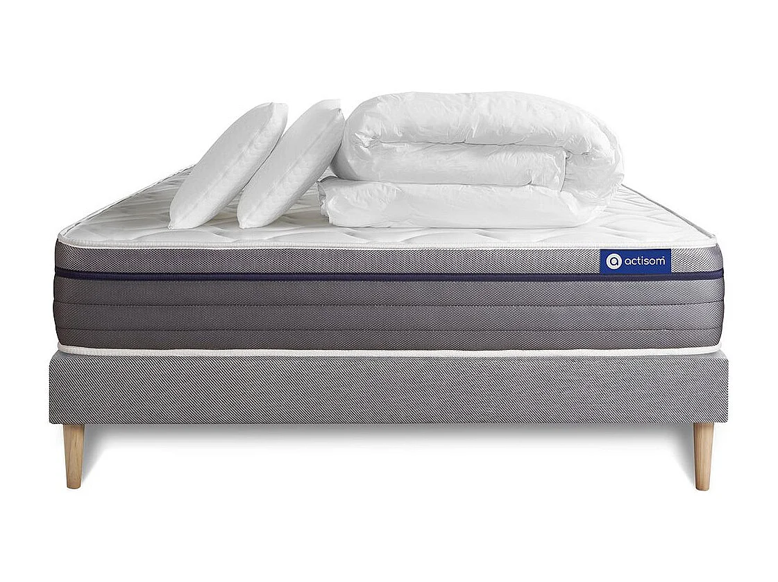 Pack prêt à dormir matelas Ressorts ensachés+Mémoire de forme ACTIFLEX ZEN 180x200 + sommier KIT gris + 2 oreillers +couette