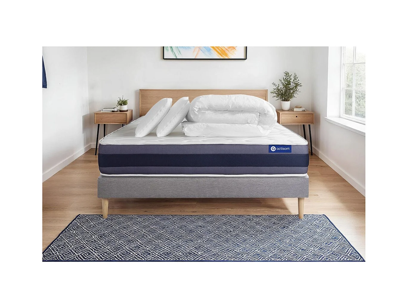 Pack prêt à dormir matelas Mémoire de forme ACTIMEMO MORPHO 180x200 5zones confort + sommier KIT gris + 2 oreillers +couette