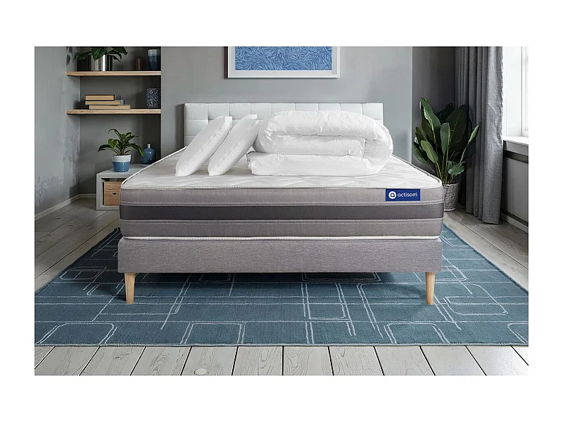 Pack prêt à dormir matelas ACTIMEMO RELAX mémoire de forme 140x200 cm Maxi épaisseur + sommier KIT gris + 2oreillers+couette
