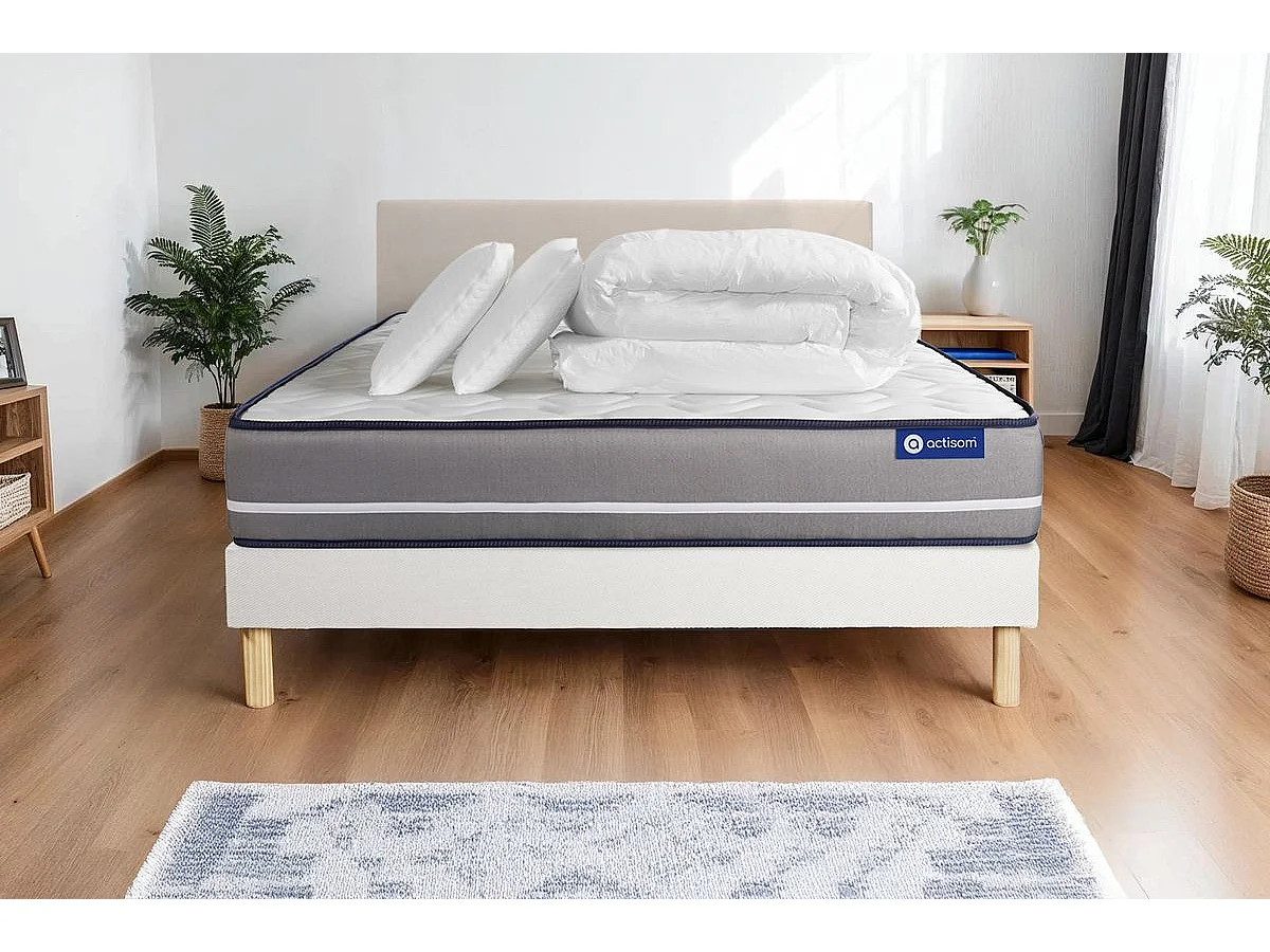 Komplettpaket Bett - Matratze 200x200 cm + Boxspringbett mit Lattenrost (im Set) + 2 Kopfkissen + Bettdecke - Actiflex Pur