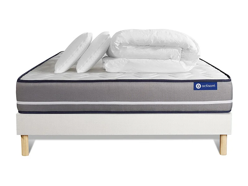 Pack prêt à dormir matelas Ressorts ensachés ACTIFLEX PUR 200x200 3zones de confort + sommier KIT blanc + 2 oreillers+couette