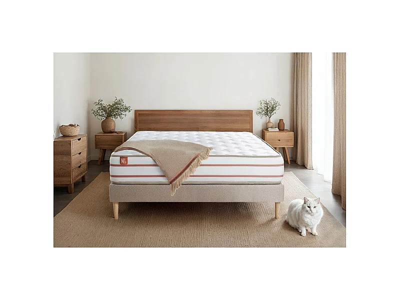 Ensemble LE DOUX 140x190cm Mémoire de forme 3 zones de confort - Ep. 24cm + sommier kit Beige