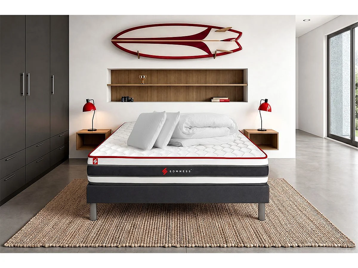 Pack prêt à dormir 140x190 matelas ENERGY ressorts ensachés et mémoire de forme + sommier kit noir + Couette + 2 oreillers