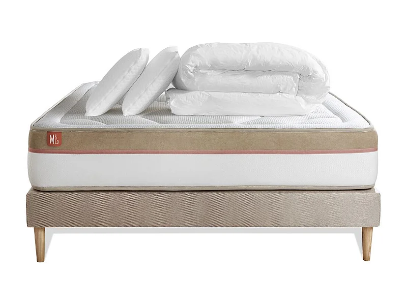 Pack prêt à dormir matelas LE COSY 140x190cm Mémoire de forme - Ep. 30cm + sommier kit Beige + 2 oreillers + couette 240x220