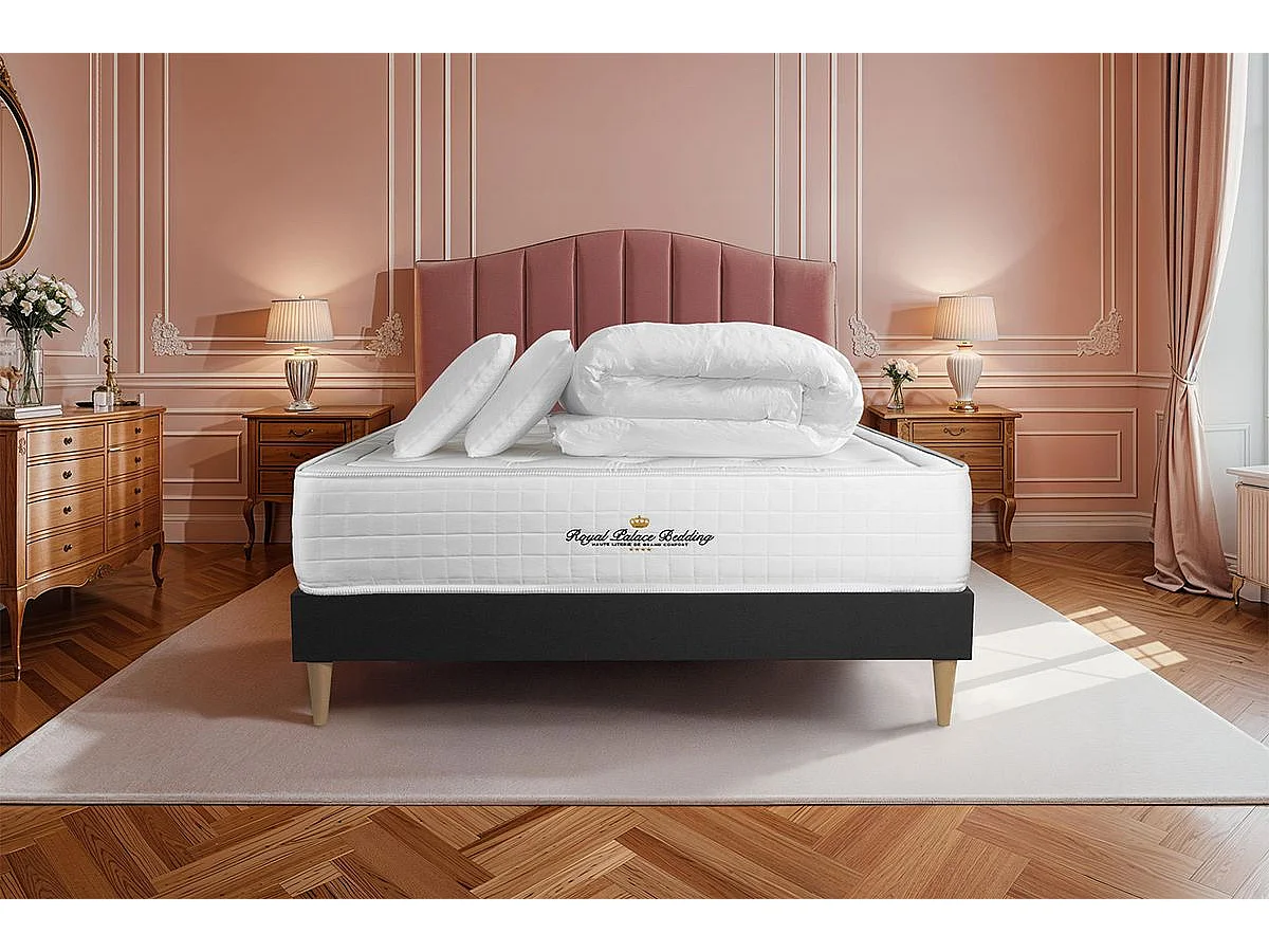 Kompletny zestaw lózka - materac 200x200 cm + Sprezyna skrzyniowa z listwami (w zestawie) + 2 poduszki Koldra - Buckingham