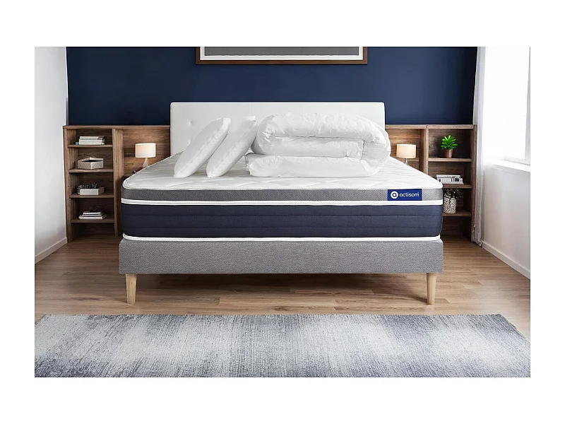 Pacchetto letto completo - Materasso 140x190cm + Box spring con doghe (in kit) + 2 cuscini + Piumino - Actimemo Confort