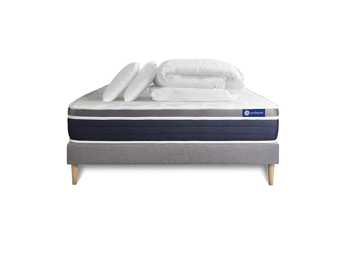 Pack prêt à dormir ACTIMEMO CONFORT Matelas mémoire de forme 140x190 Maxi épaisseur + sommier KIT gris + 2 oreillers+couette
