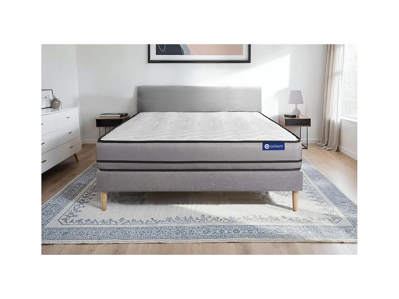 Ensemble matelas ACTIMEMO 140x200cm 2 faces à MÉMOIRE DE FORME 3zones de confort + sommier KIT gris