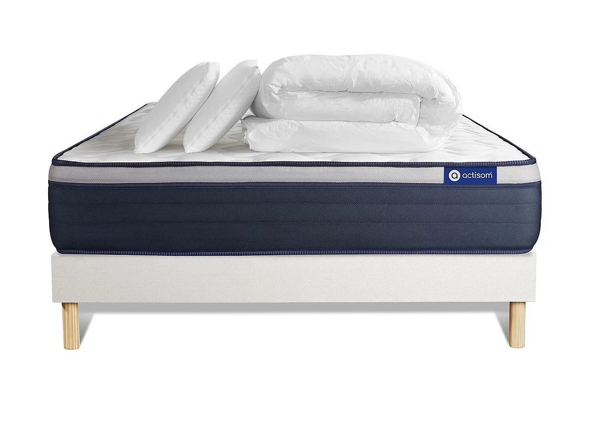 Pack cama completa - Colchón 140x190cm + Somier con láminas (en kit) + 2 almohadas + Edredón - Actimemo Max