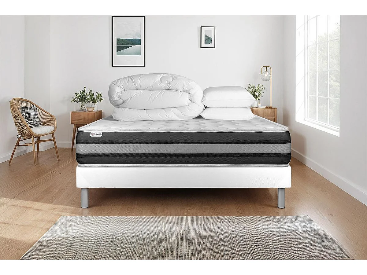 Komplettpaket Bett - Matratze 140x200 cm + Boxspringbett mit Lattenrost (im Set) + 2 Kopfkissen + Bettdecke - Vitalspring Zen