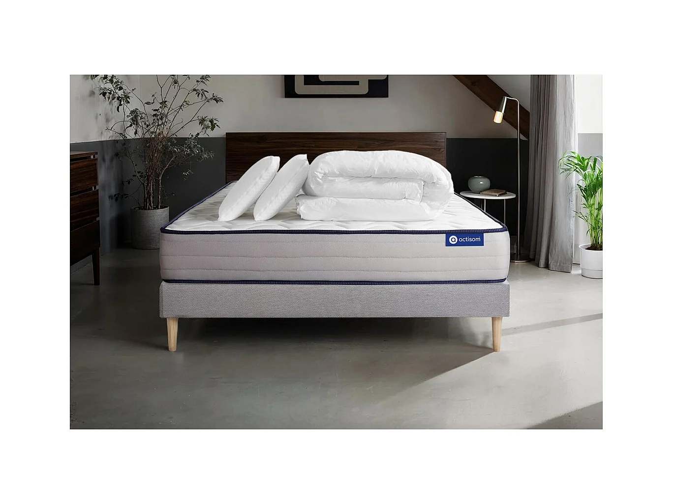 Pack prêt à dormir matelas Latex et Mémoire de forme ACTILATEX FORM 160x200 cm + sommier KIT gris + 2 oreillers + couette