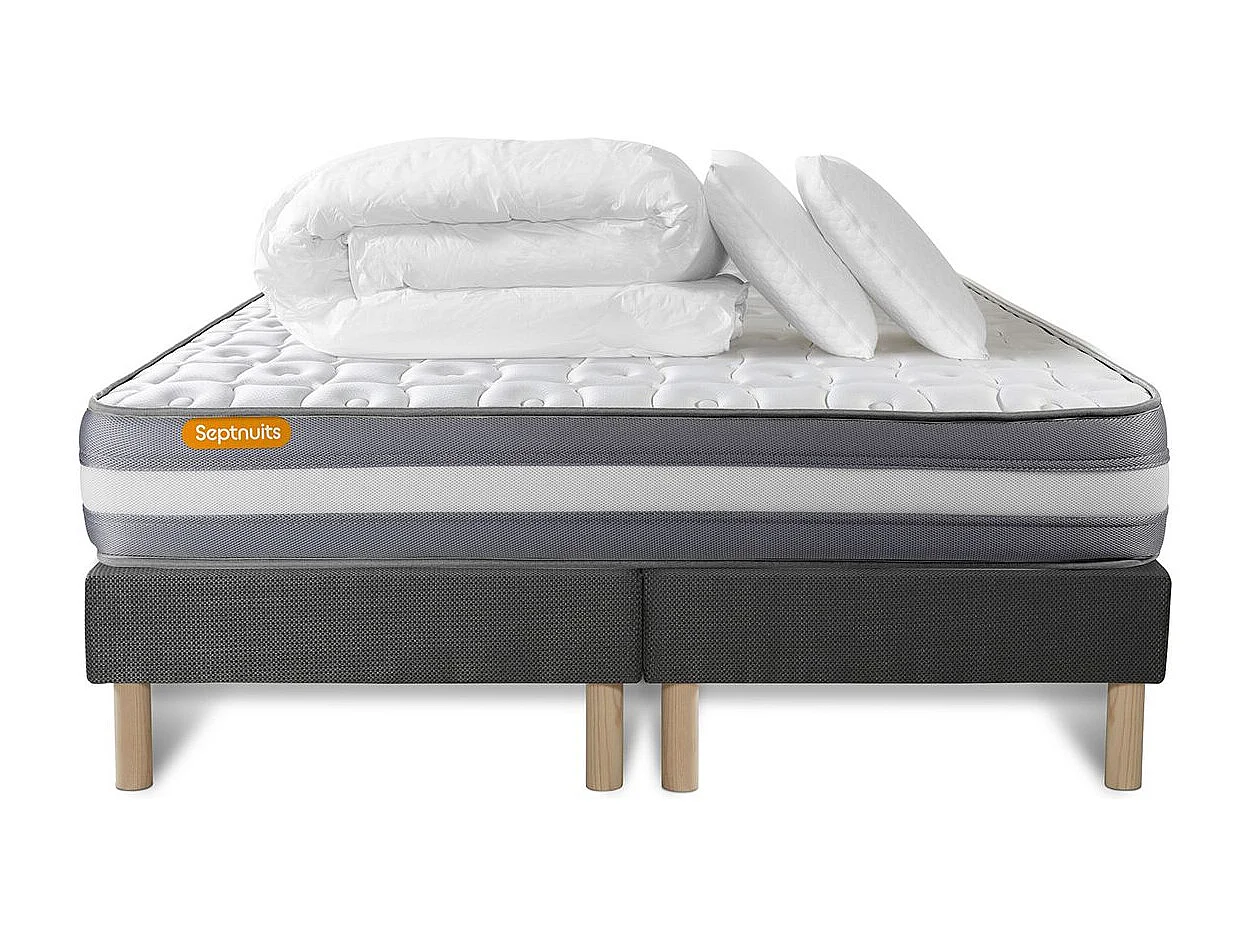 PACK matelas 180x200 + double sommiers gris 90x200 Memo Plus Mémoire de forme 3 zones + 2 oreillers + couette