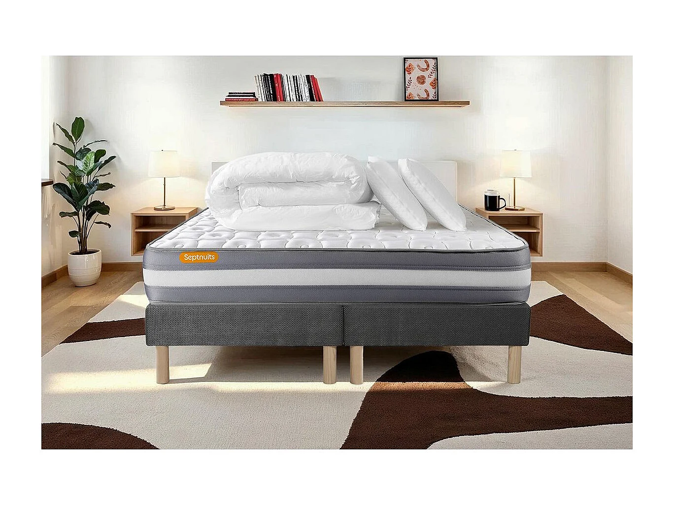 PACK matelas 180x200 + double sommiers gris 90x200 Memo Plus Mémoire de forme 3 zones + 2 oreillers + couette