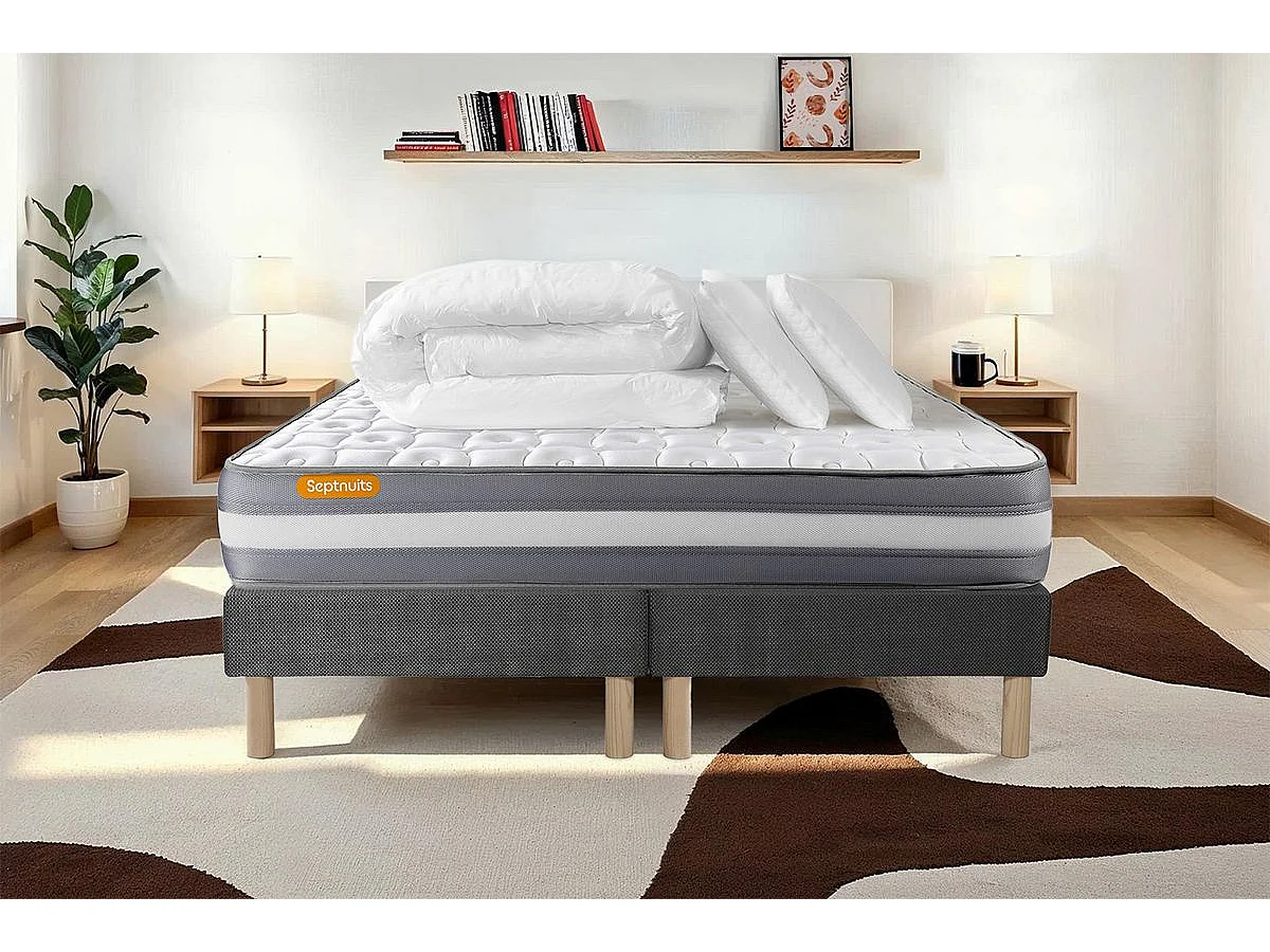 PACK matelas 180x200 + double sommiers gris 90x200 Memo Plus Mémoire de forme 3 zones + 2 oreillers + couette