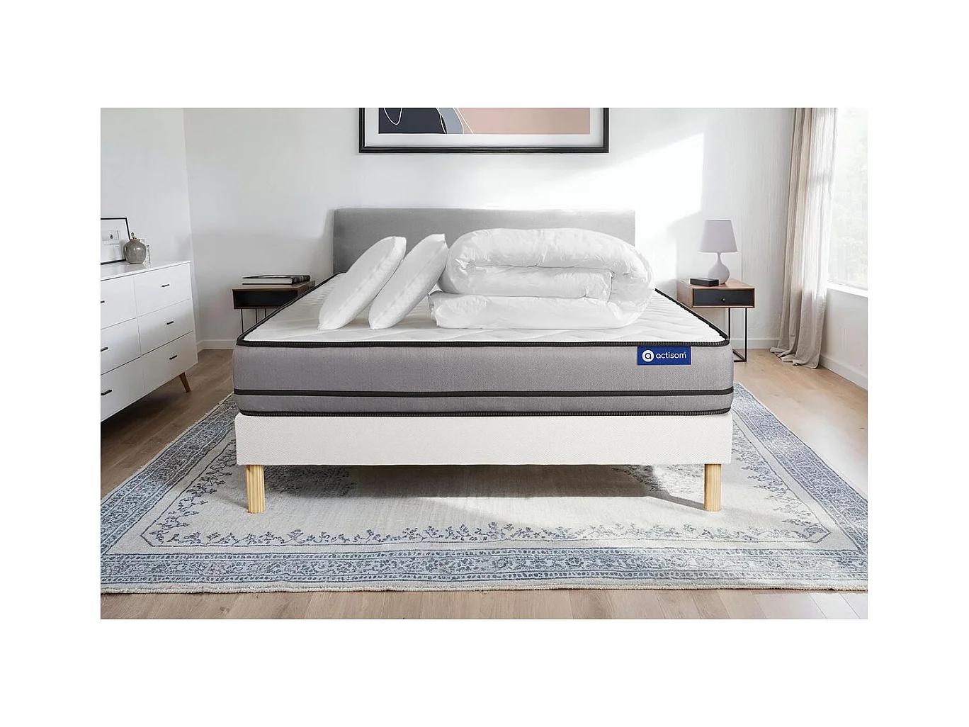 Pack prêt à dormir matelas ACTIMEMO 180x200cm à MÉMOIRE DE FORME 3zones de confort + sommier KIT blanc + 2 oreillers +couette