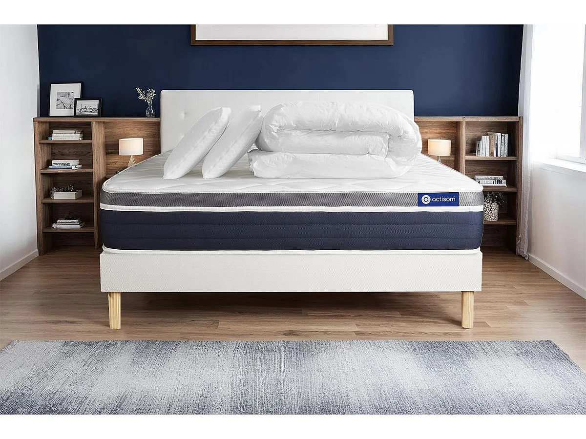 Pack prêt à dormir ACTIFLEX CONFORT Matelas Ressorts ensachés+mémoire de forme 160x200 + sommier KIT blanc +2oreillers+couette