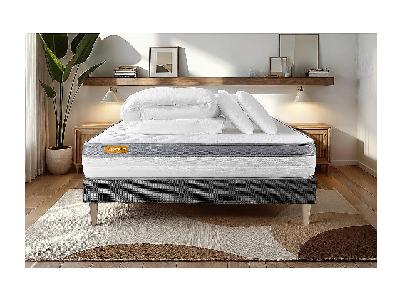 Pack matelas + sommier gris 140x190 Memo Zen Mousse à mémoire de forme 5 zones de confort MAXI épaisseur + Couette + 2 oreillers