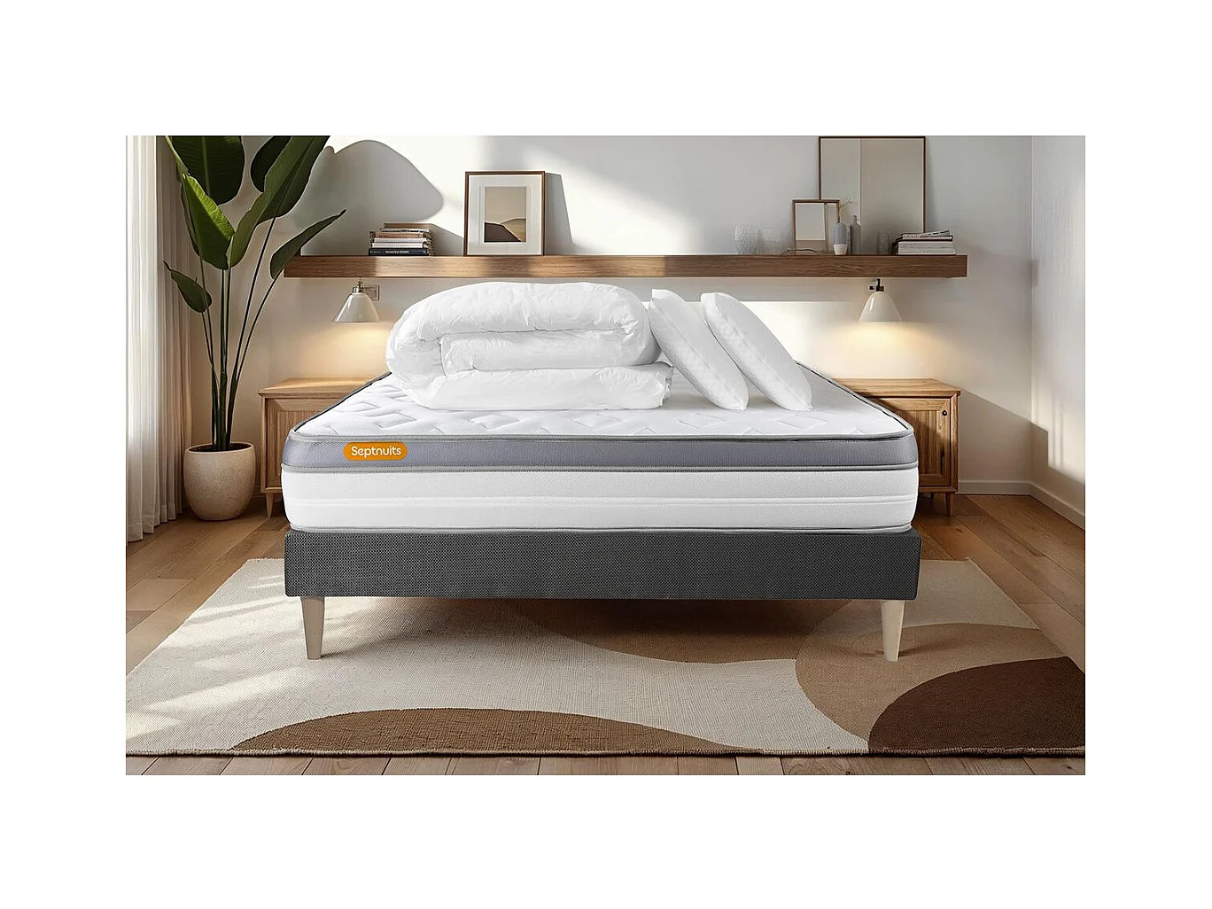 Pack matelas + sommier gris 140x190 Memo Zen Mousse à mémoire de forme 5 zones de confort MAXI épaisseur + Couette + 2 oreillers