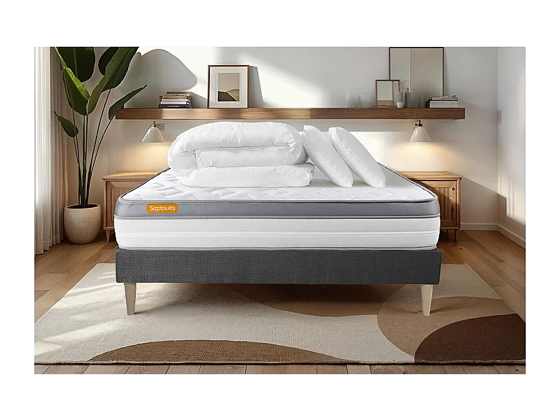 Pack matelas + sommier gris 140x190 Memo Zen Mousse à mémoire de forme 5 zones de confort MAXI épaisseur + Couette + 2 oreillers