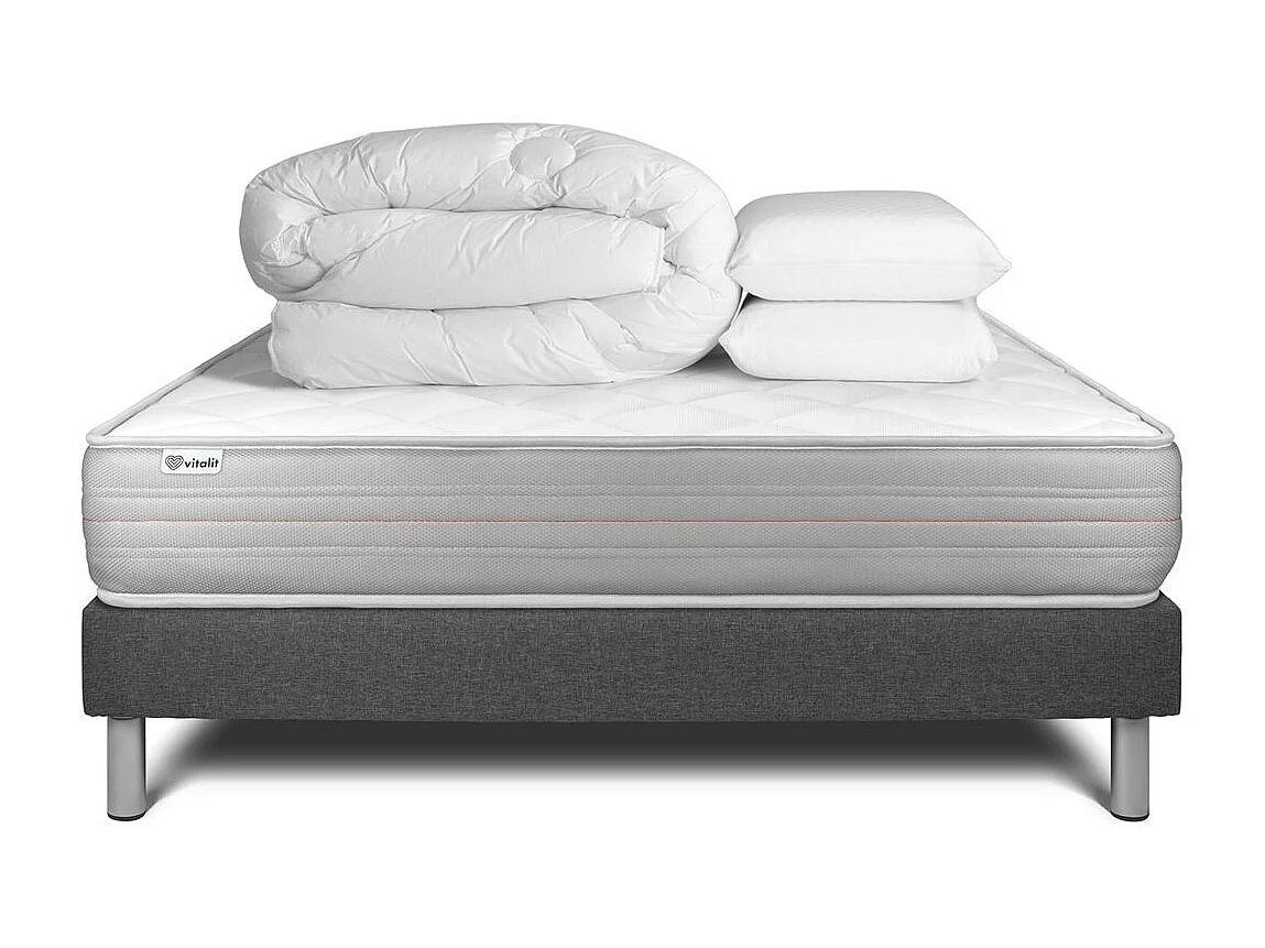 Komplettpaket Bett - Matratze 160x200 cm + Boxspringbett mit Lattenrost (im Set) + 2 Kopfkissen + Bettdecke - Vitalmemo