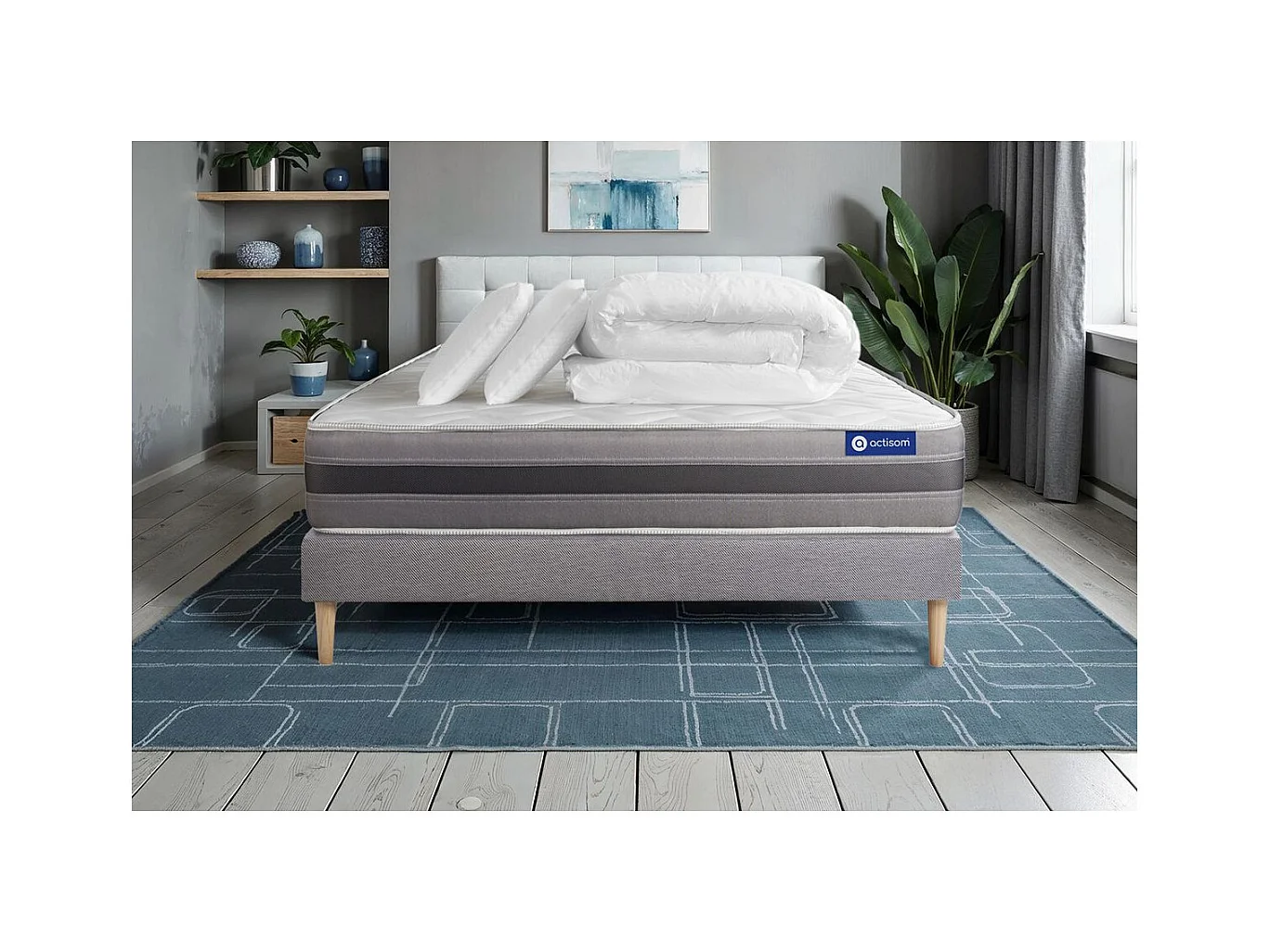 Pack prêt à dormir matelas ACTIFLEX RELAX Ressorts ensachés +mémoire de forme 140x190 + sommier KIT gris +2oreillers+couette