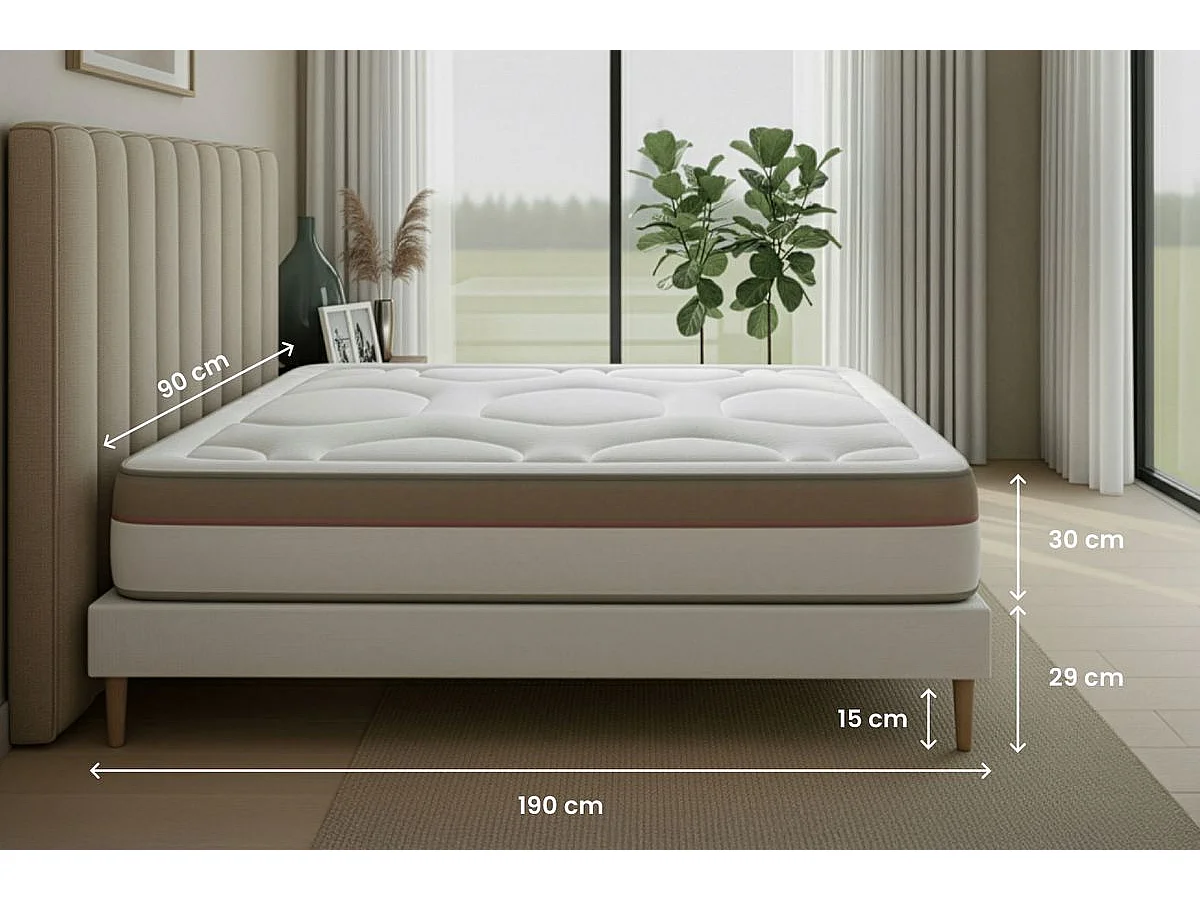 Ensemble LE COSY 90x190cm Mémoire de forme 7 zones de confort - Ep. 30cm + sommier Blanc