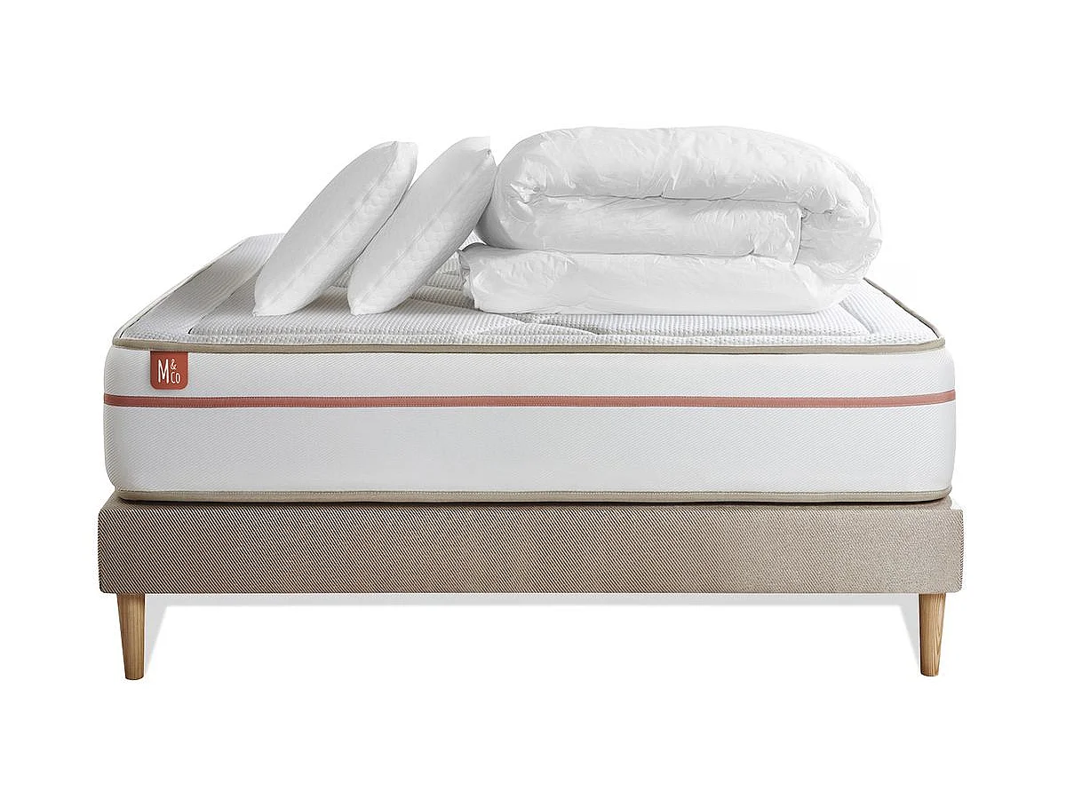 Pack prêt à dormir matelas LE PAISIBLE 140x190cm Mémoire de forme BioVisco + sommier Beige + 2 oreillers + couette 240x220cm