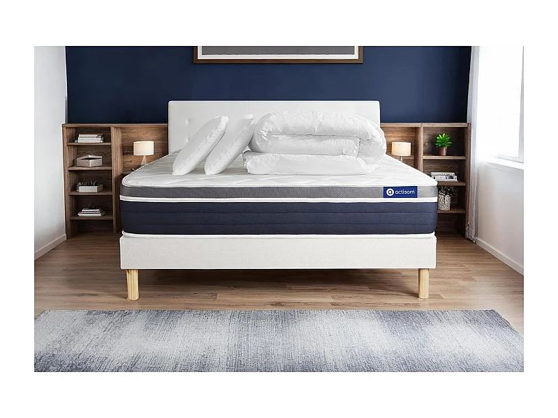 Komplettpaket Bett - Matratze 140x190 cm + Boxspringbett mit Lattenrost (im Set) + 2 Kopfkissen + Bettdecke - Actimemo Confort