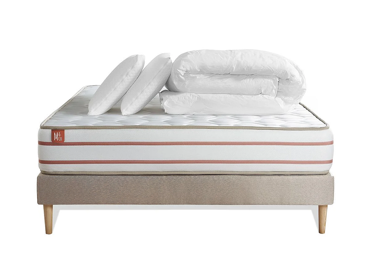 Pack prêt à dormir matelas LE DOUX 140x190cm Mémoire de forme - Ep. 24cm + sommier Beige + 2 oreillers + couette 240x220cm