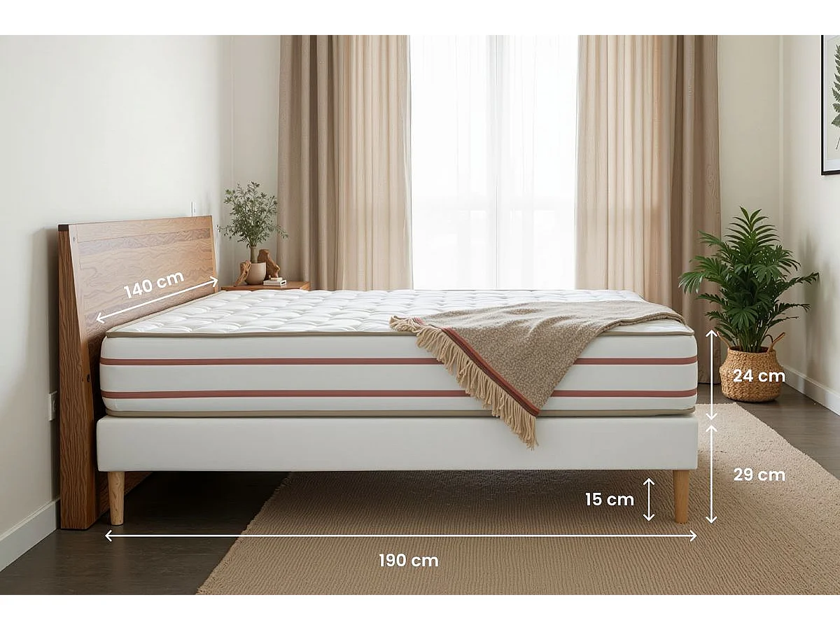 Pack prêt à dormir matelas LE DOUX 140x190cm Mémoire de forme - Ep. 24cm + sommier Beige + 2 oreillers + couette 240x220cm