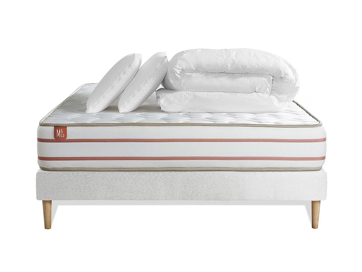 Pack prêt à dormir matelas LE DOUX 140x190cm Mémoire de forme - Ep. 24cm + sommier kit Blanc + 2 oreillers + couette 240x220