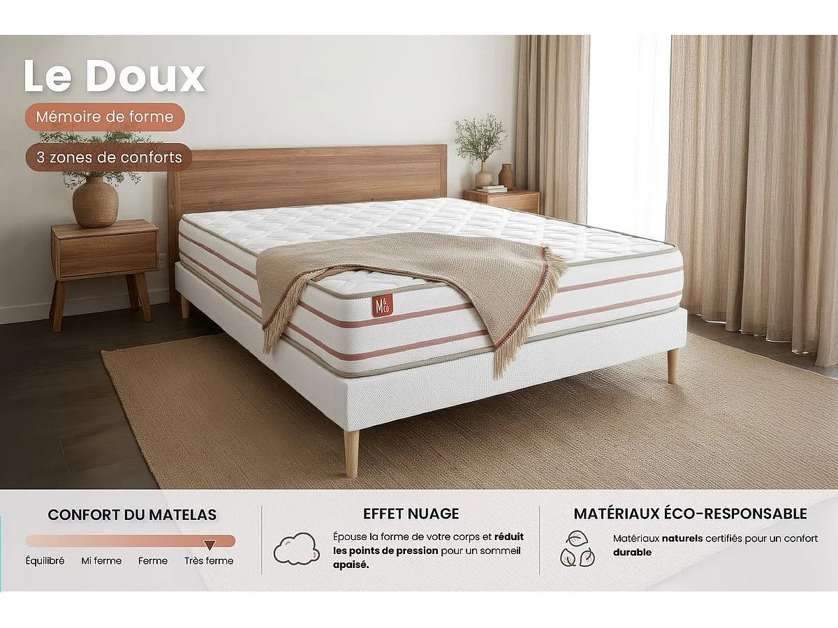 Pack prêt à dormir matelas LE DOUX 140x190cm Mémoire de forme - Ep. 24cm + sommier kit Blanc + 2 oreillers + couette 240x220