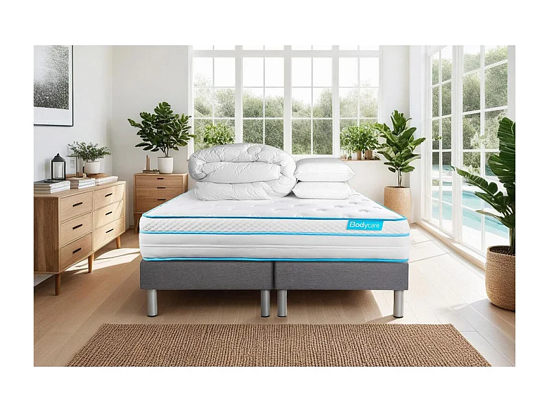 Pack BODYZONE+ 160x200 Ressorts ensachés, visco 5 zones Ultra épaisseur + Couette + 2 oreillers