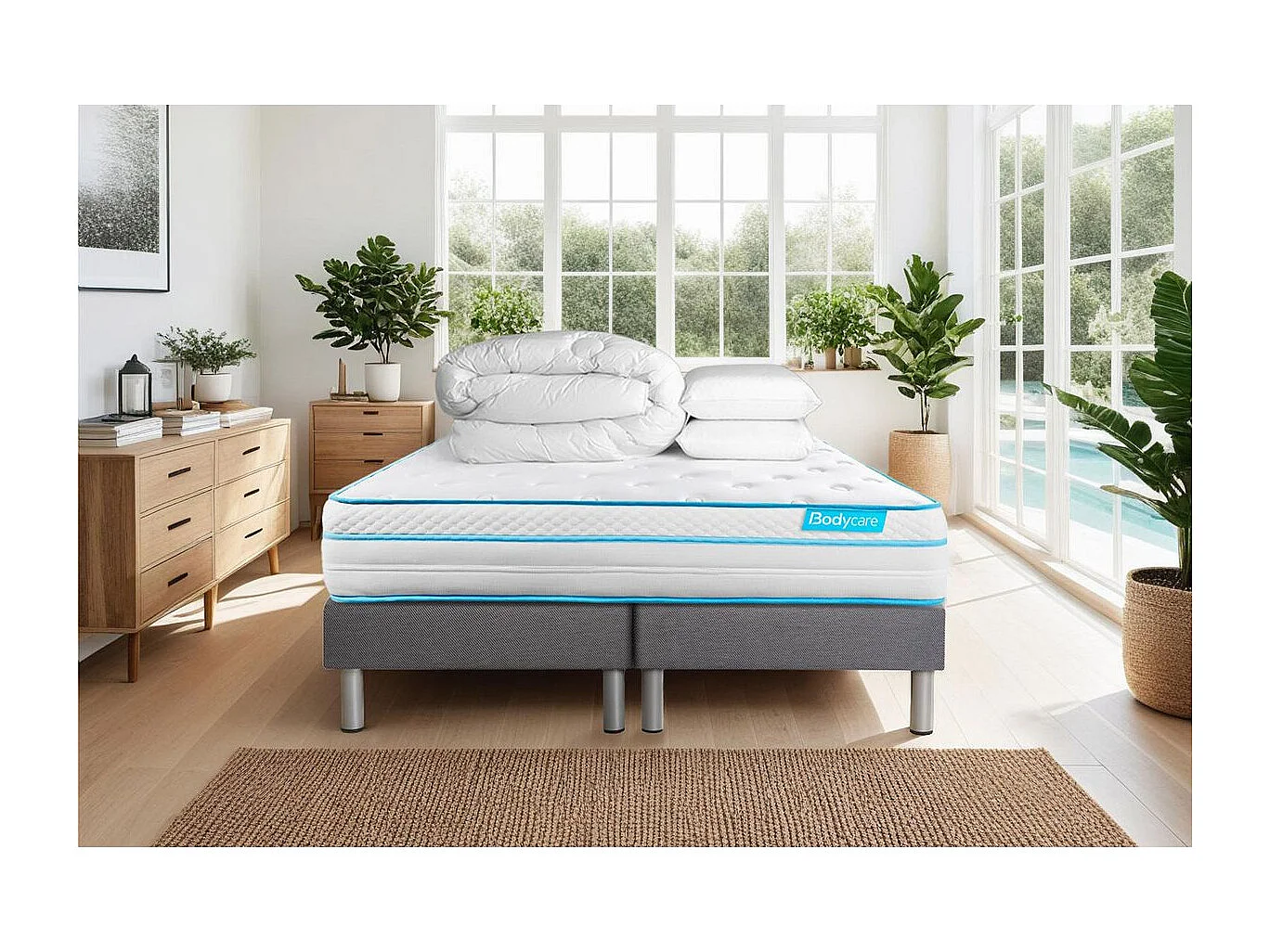 Pack BODYZONE+ 160x200 Ressorts ensachés, visco 5 zones Ultra épaisseur + Couette + 2 oreillers