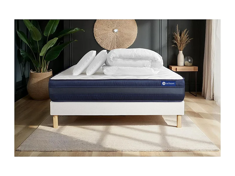 Pack prêt à dormir matelas ACTIFLEX TECH 140x200 Mémoire de forme Maxi épaisseur + sommier KIT blanc + 2 oreillers + couette
